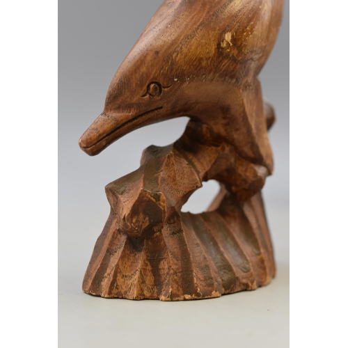 273 - Three Hand Carved Wooden Sculptures, Includes Dolphin, Ethnic Female Figure, And Embracing.