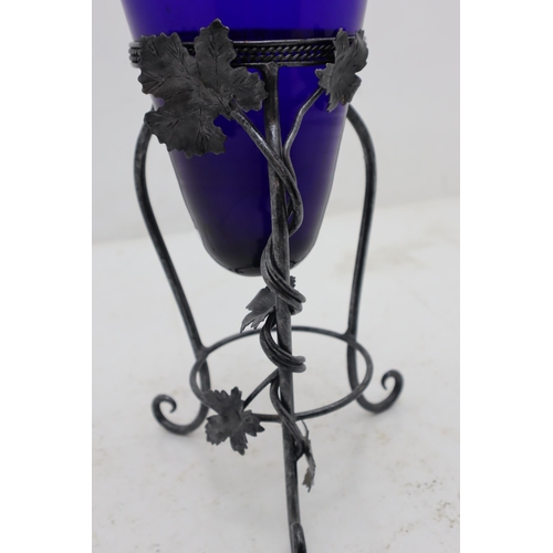 297 - Large Hand Blown Bristol Blue Glass Pitcher with Hand made metalwork stand and Hand Made Metal Art L... 