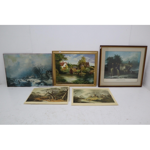 308 - A Selection of Five Pieces of Artwork, Includes Original Oil Painting, La Chasse Aux Canards Prints ... 