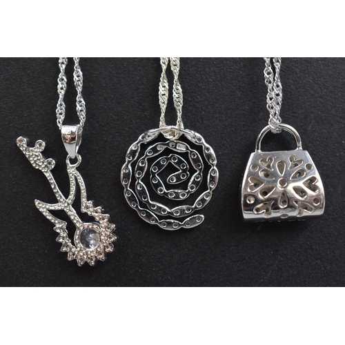 4 - Three New Silver 925 Clear Stoned Pendants on Silver Twisted Chains. Includes Guitar, Handbag and Sp... 