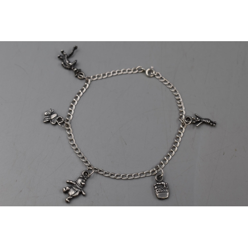 27 - Silver Winnie The Pooh Bracelet with 5 Charms including Pooh, Tigger, Piglet and More