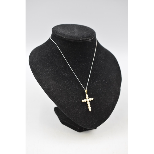 42 - Silver 925 Pearl Pendant Cross with Central Stone and Chain