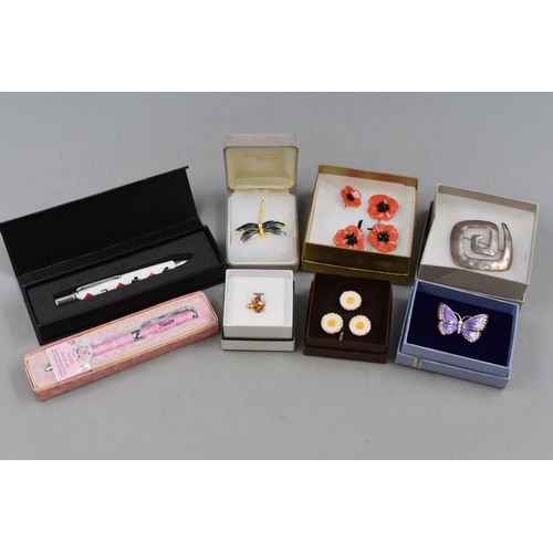 395 - Selection of boxed Jewellery and Pens including Ceramic Poppy Stick Pins