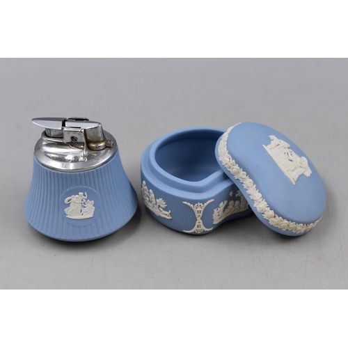 94 - Collection of Wedgewood Blue Jasperware Items to include Trinket Dishes and Table Cigarette Lighter