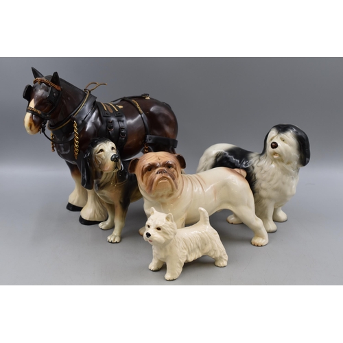 133 - A Selection of Five Melba Ware Ceramic Animal Figures, Includes One Shire Horse and Five Dogs. Large... 