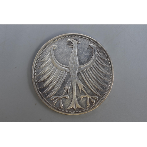 135 - A German Silver 625. 1951 5 Mark Coin.