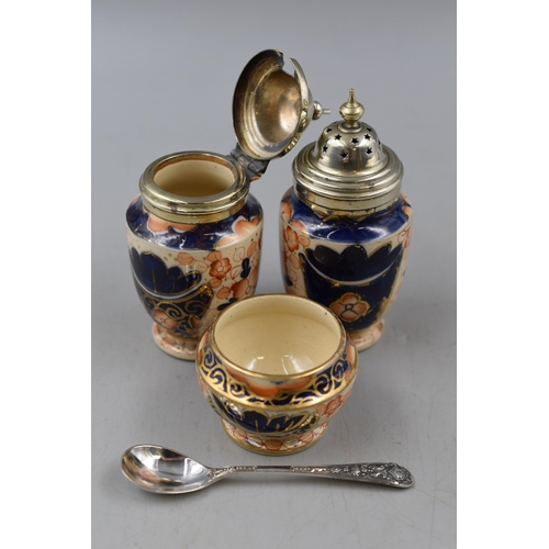 191 - Vintage Imari Condiment Set in Silver Plated Carry Stand