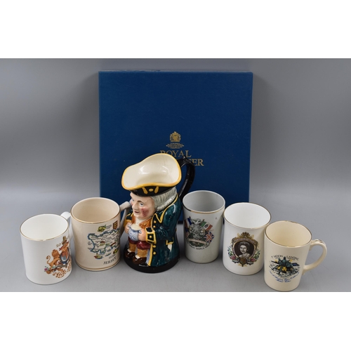 635 - A Selection of Ceramics To Include Boxed Royal Worcester Cake Plate 'Rosemary', Commemorative Mugs a... 