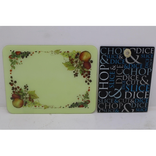 641 - Pair Of 'Kitchen Craft' Typographic Cutting Board And 3 'Claire Kitchen' Fruit Picture Glass Cutting... 