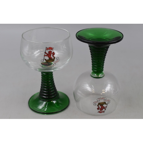 221 - Set of 6 Green Ribbed Stem Glasses in Ornate Wrought Iron Stand. Each Glass is Stamped With A Motto ... 