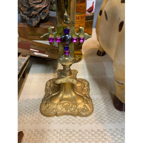 265 - LARGE Brass Religious Crucifix with Multi Coloured Stone Decoration approx 17