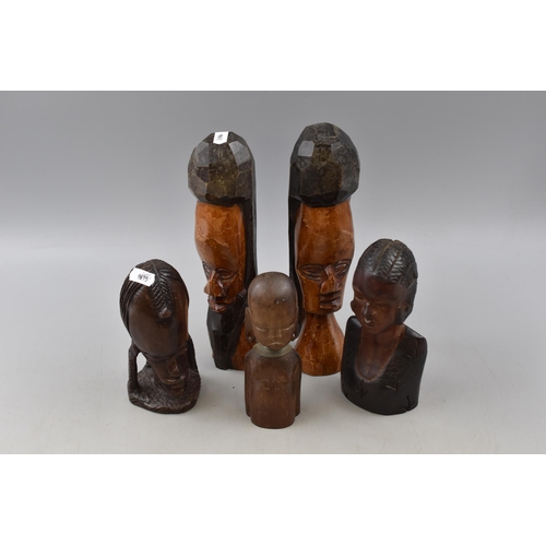 277 - Five Wooden Hand Carved Ethnic Busts, Largest Approx 10