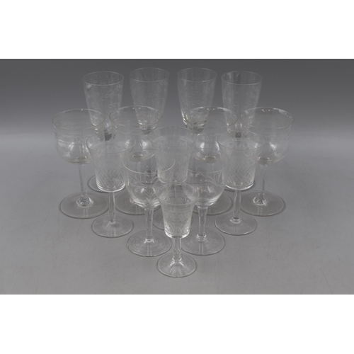622 - Mixed Collection of Antique Acid Etched Sherry Glasses