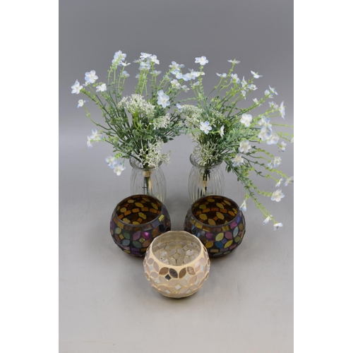 626 - 3 Glass Mosaic Tea Light Holders And 2 Glass Vases With Synthetic Flowers