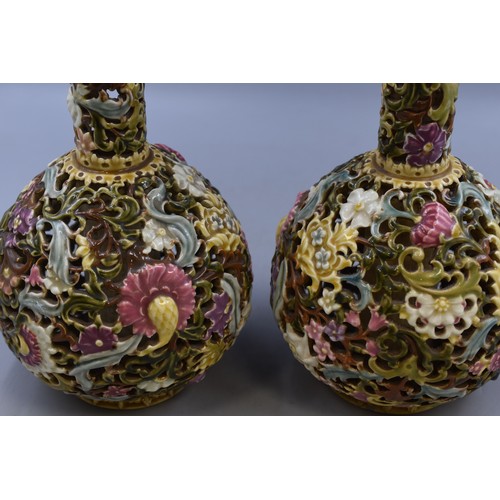 171 - Pair of Antique Reticulated Zsolnay Pecs Vases, Pre 1918 as Stamped Made in Austria-Hungary and Mode... 