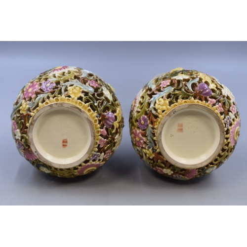 171 - Pair of Antique Reticulated Zsolnay Pecs Vases, Pre 1918 as Stamped Made in Austria-Hungary and Mode... 