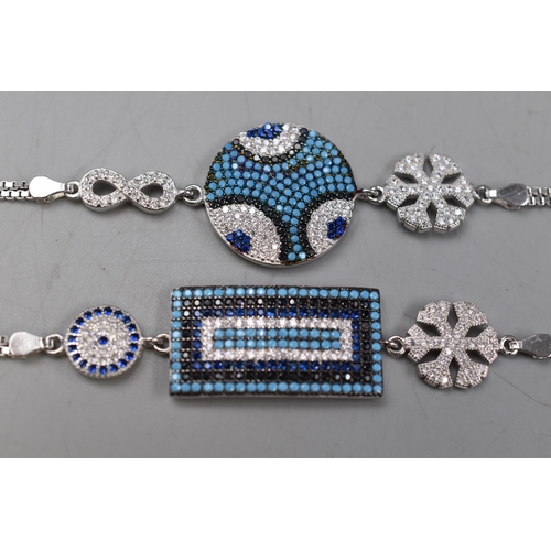 23 - Two New Silver 925 Bracelets with Diamante Blue and Black Stone Design.