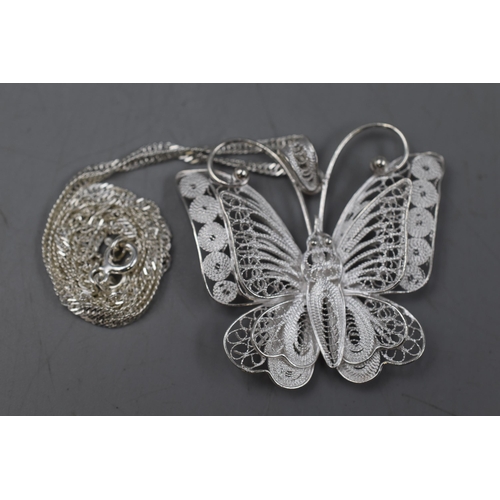 29 - New Silver 925 Filigree Butterfly Pendant on Silver 925 Chain. Approx. Pendant Size 4cm x 3.5cm.