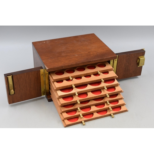 233 - A Coin Collectors Miniature Eight Shelf Unit, With Key. Approx 17.5cm x 22.5cm x 12cm.