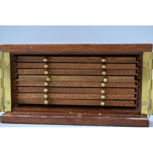 233 - A Coin Collectors Miniature Eight Shelf Unit, With Key. Approx 17.5cm x 22.5cm x 12cm.