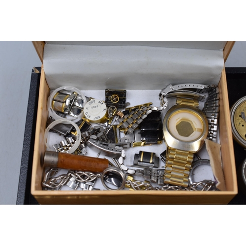 57 - Large Mixed Selection of Watch Heads, Parts and Spares. Also includes Wooden Box.