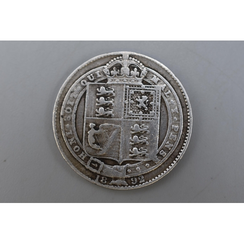 118 - An 1892 Victorian Silver UK One Shilling Coin.