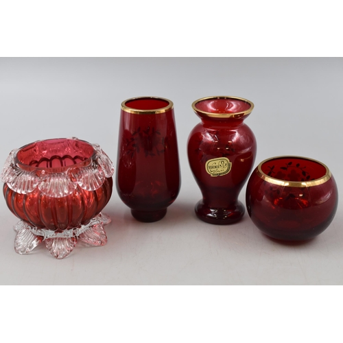 138 - Collection of Cranberry Glassware to Include Three Items of Bohemia Glass with Floral Design Tallest... 