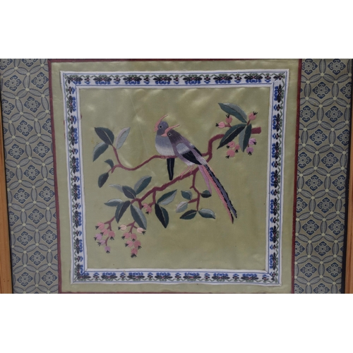 304 - Two Oriental Embroidered Silks in Matching Framed and Glazed Mounts (30cm x 30cm)