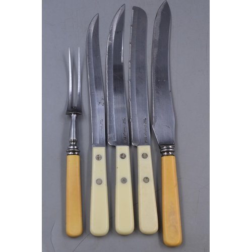 164 - A Selection of Carving Knives in a Vintage Box With Knife Sharpener.