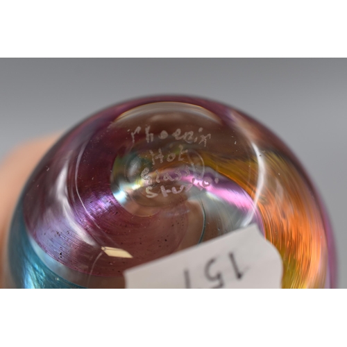 178 - Two hand Blown Glass items to include Iridescent Mushroom and a Phoenix Hot Glass Usa Multi Coloured... 