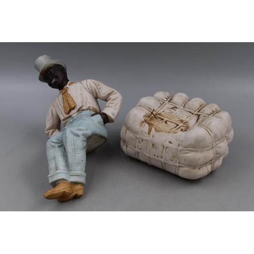 192 - Vintage Bisque South Carolina Cotton Worker Statue sitting on a Bale of Cotton 10