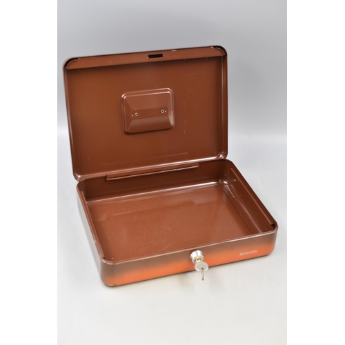 353 - A Lockable Metal Storage Box With Key, Approx 9