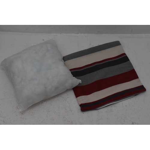 634 - Set Of 2 Cushions 4 Red, Dark Grey, Light Grey, Cream Stripes Cushions And 2 Curtains Approx 54