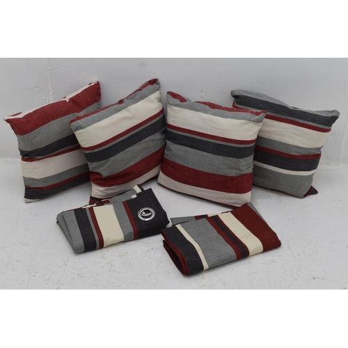 634 - Set Of 2 Cushions 4 Red, Dark Grey, Light Grey, Cream Stripes Cushions And 2 Curtains Approx 54