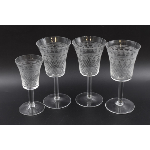 626 - Selection of Various Etched Drinking Glasses and Two Crystal Glass Horns.