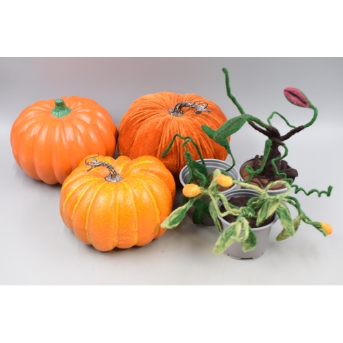 636 - Three Decorative Pumpkins, With Three Decorative Wool Plants.