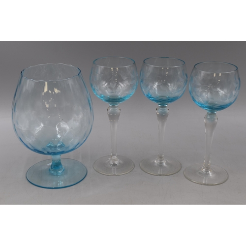 214 - Mixed Lot of Mid Century Hand Blown Glassware to include Brandy Glass Vase and three Turquoise Wine ... 