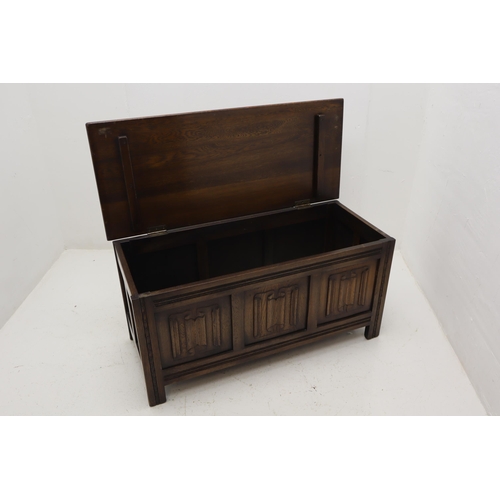 514 - Paneled Oak Church Coffer Chest Decorated with Hand Carved Scroll Paneling a nice sturdy example of ... 