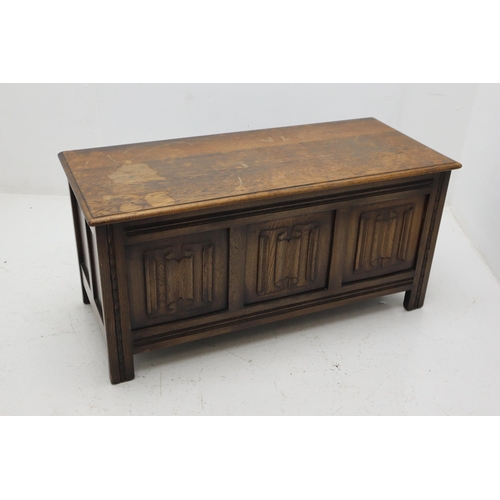 514 - Paneled Oak Church Coffer Chest Decorated with Hand Carved Scroll Paneling a nice sturdy example of ... 