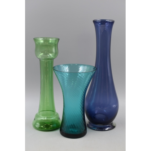 601 - Three Mid Century Coloured Glass Vases (Tallest 34cm)