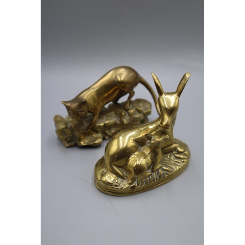 35 - Two Brass Ornaments to include Mother Dear and Fawn and a Large Cat. Largest Approx. 5 Inch.