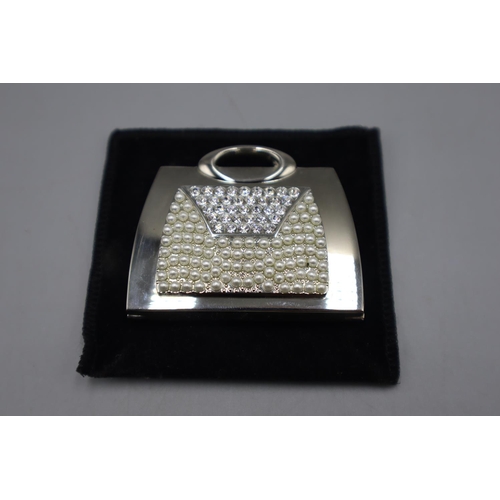 5 - Silver 925 Handbag Themed Diamanté and Pearl Compact Mirror.