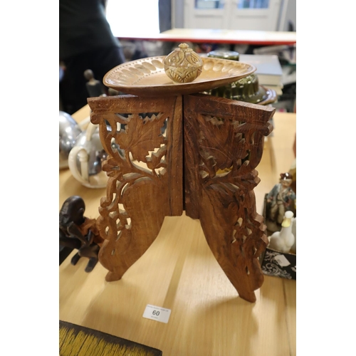 60 - Hand Carved Folding Table Legs with Wooden tray and Marble Floral Trinket dish