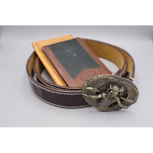 66 - Leather Belt with Red Indian Buckle and two wallets