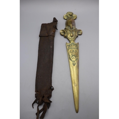 18 - Vintage Brass Knight Themed Dagger with Sheath. Approx. 13 Inch.