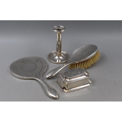 23 - Four Piece Hallmarked Birningham Silver Dressing Table Set including Bevel Edged Mirror, Cabdleholde... 