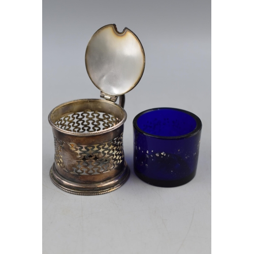 46 - Pair of Silver Plated Condiment pots with Cobalt Liners and Silver 925 Spoon