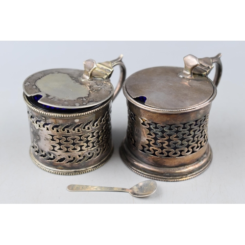 46 - Pair of Silver Plated Condiment pots with Cobalt Liners and Silver 925 Spoon