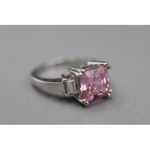 51 - Silver 925 Ring with Large Pink CZ Stone (Size K) Complete with Presentation box