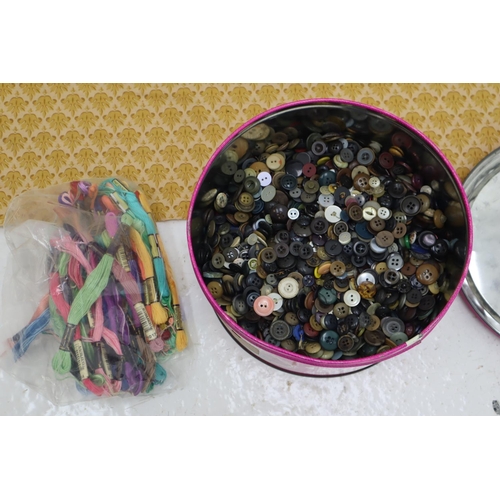 161 - Selection of Fabric and Large Tin of Various Buttons